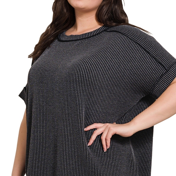 Zenana Plus Corded Rib Cuff Sleeve Raw Edge Top Charcoal - Picture 5 of 5